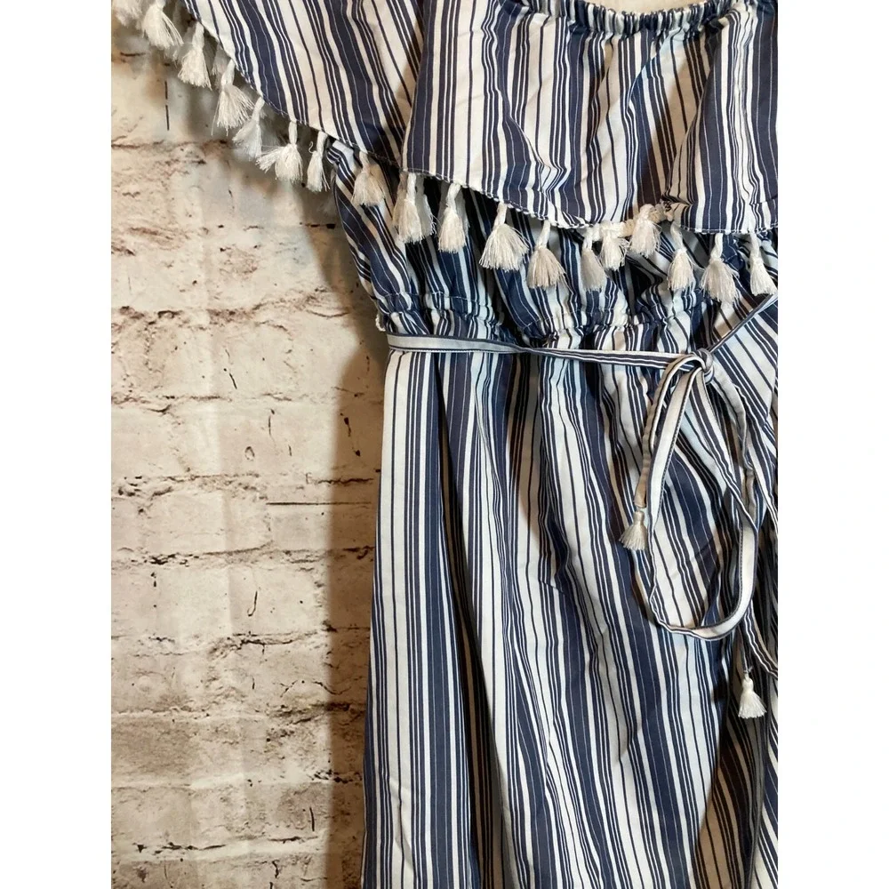 Isabel Maternity Dress Womens Medium Blue Vertical Striped Tasseled One Shoulder - Picture 7 of 16